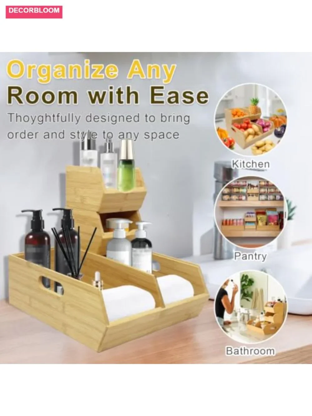 Bamboo Stackable Pantry Storage Bins with Handles, Set of 3